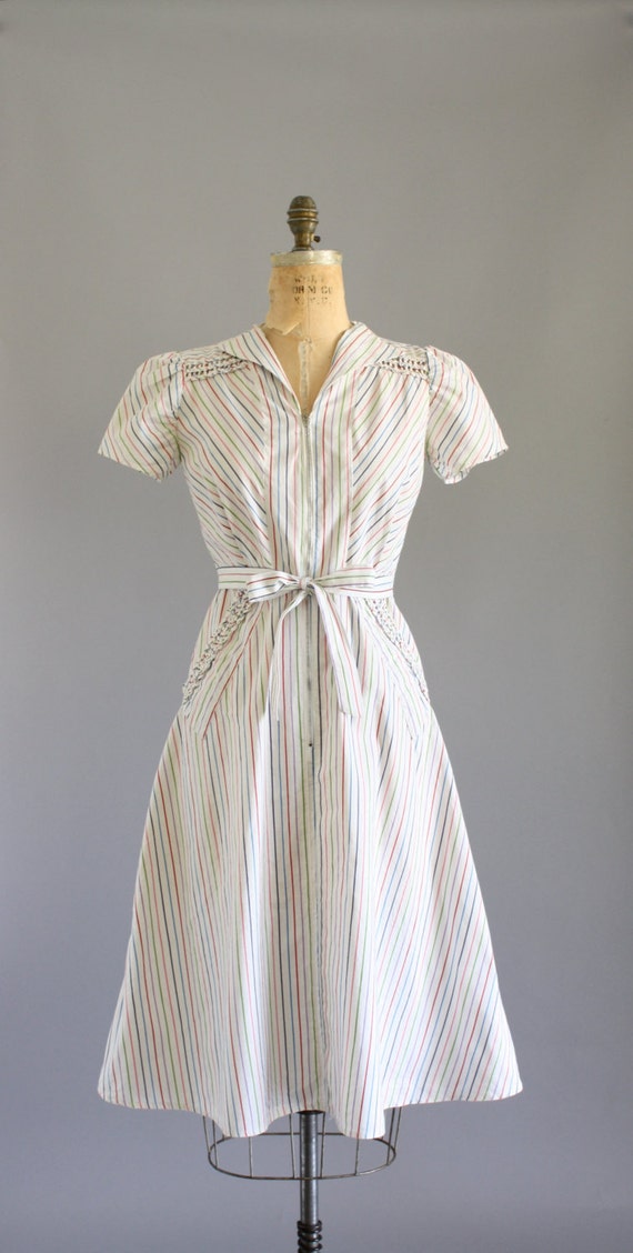 Vintage 30s Dress/ 1930s Cotton Dress/ Streamline Colorful