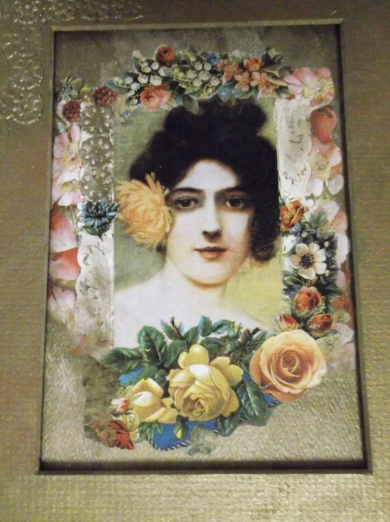 Vintage Decoupage Edwardian Victorian Young Lady Flowers