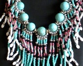 Native American style tribal fringed collar necklace in turquoise, silver and pink