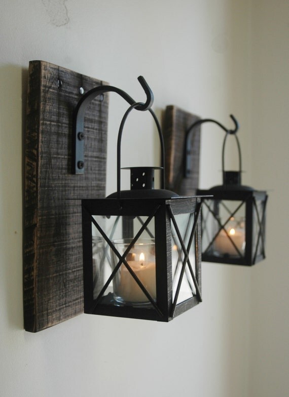 Lantern Pair with wrought iron hooks on recycled wood board for unique wall decor, home decor, bedroom decor
