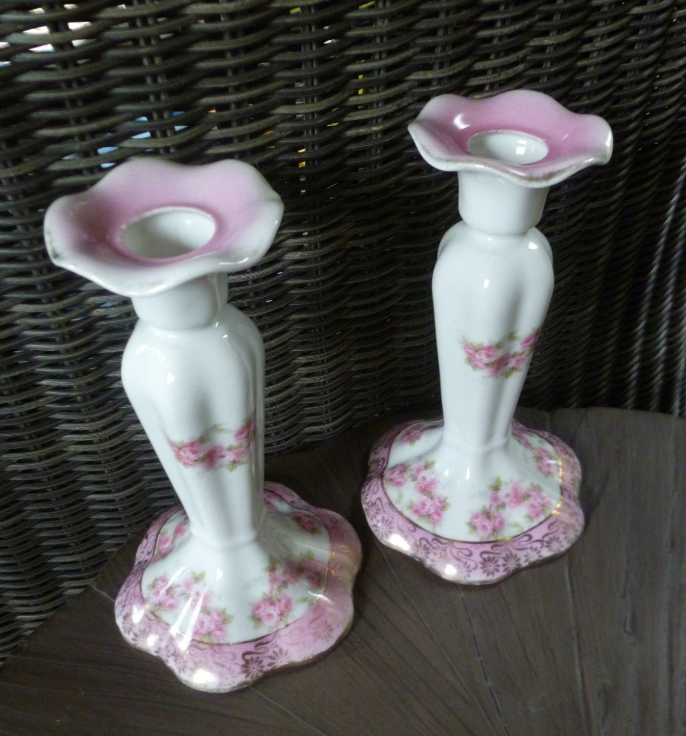 Candle Holders Pair. Pink Roses. Vintage Antique 1910.