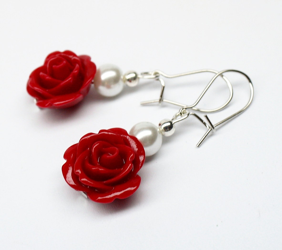 Red Roses and Pearls Romantic Earrings Bridal Jewelry