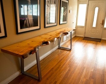 Live Edge Pine Console Table, Steel Trapezoid Legs, Custom