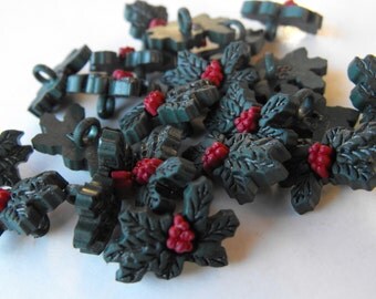 15 Green Little Holly Flat Back Buttons Size 11/16"