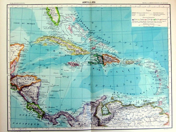 Items similar to 1901 Antilles Islands vintage map, original Caribbean ...