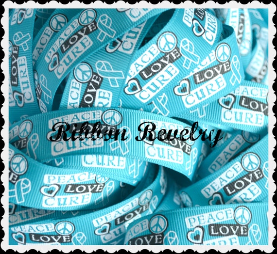 Peace, Love, Cure ribbons on teal 7/8" grosgrain ribbon Ovarian cancer & anti-bullying awareness Il_570xn