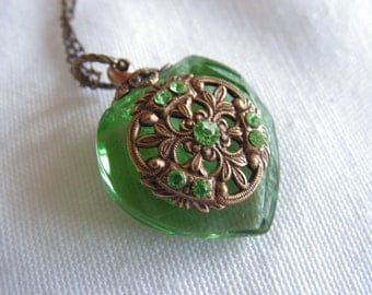 Vintage Inspired Green Crystal Heart Perfume Bottle Necklace