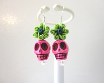 Day Of The Dead Earrings Sugar Skull Dangle Hot Pink Green Flower