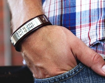Custom Coordinates - Mens Personalized Leather Bracelet - Latitude Longitude GPS Coordinates Leather Cuff- Hand Crafted in USA