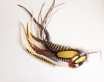 Unique Feather Earring Single, Golden Yellow Natural Feathers Goddess Statement Full Long Feather Jewelry