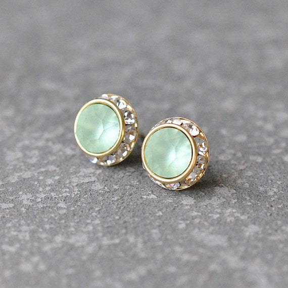 Mint Green Stud Earrings Swarovski Crystal Frosted by MASHUGANA