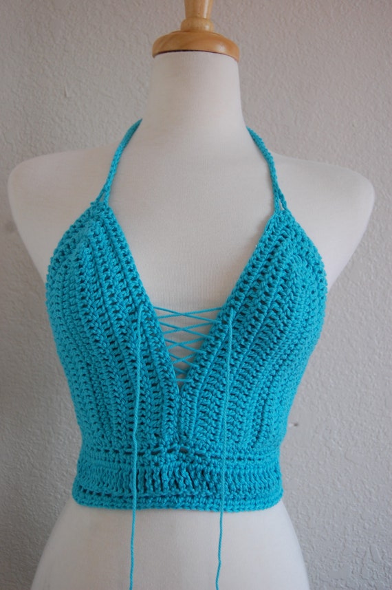 Crochet Halter Bustier with front and back lace up in Blue