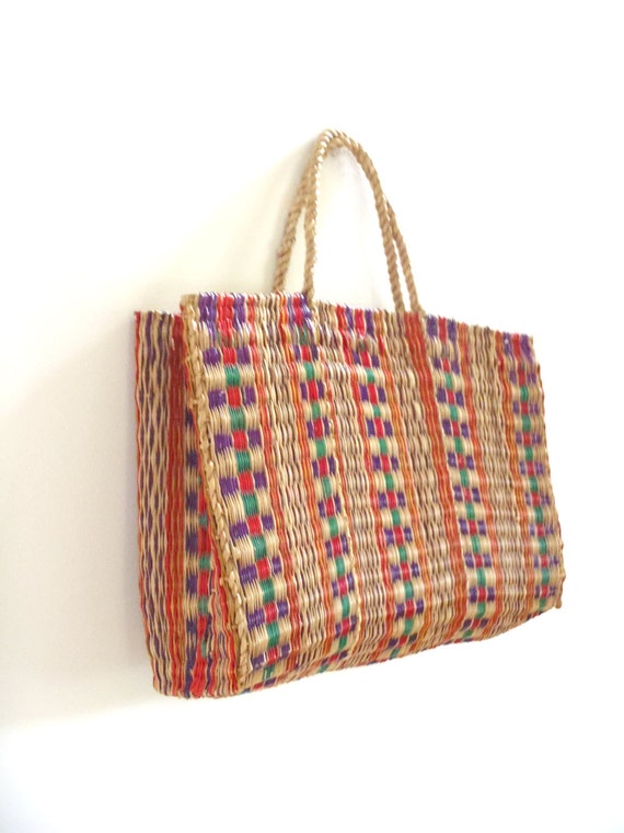 Vintage boho multicolored straw tote bag by OldSchoolSwank on Etsy