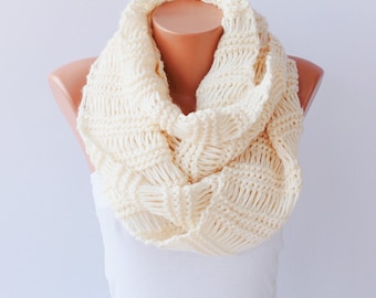 Knitted infinity scarf .cowl loop scarf ,ivory
