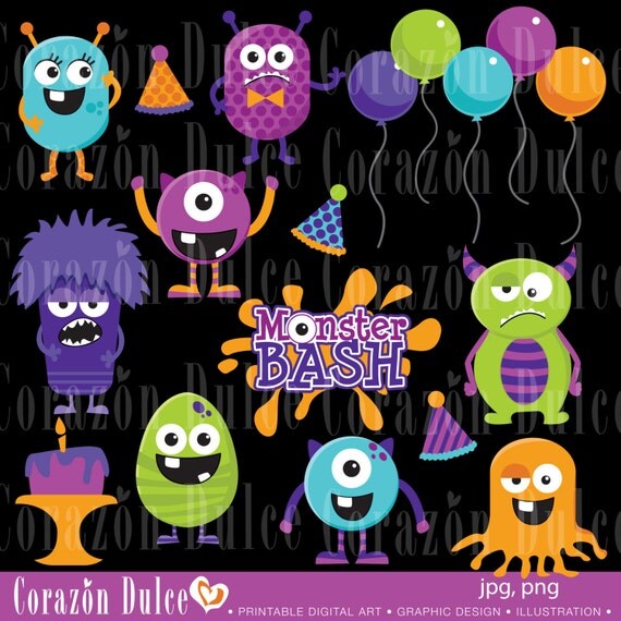 Monster party clipart set and digital papers Personal and