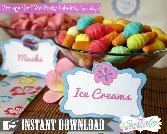 Party Labels Vintage Surfer Girl - INSTANT DOWNLOAD - Editable & Printable Birthday Decorations by Sassaby Il_570xn