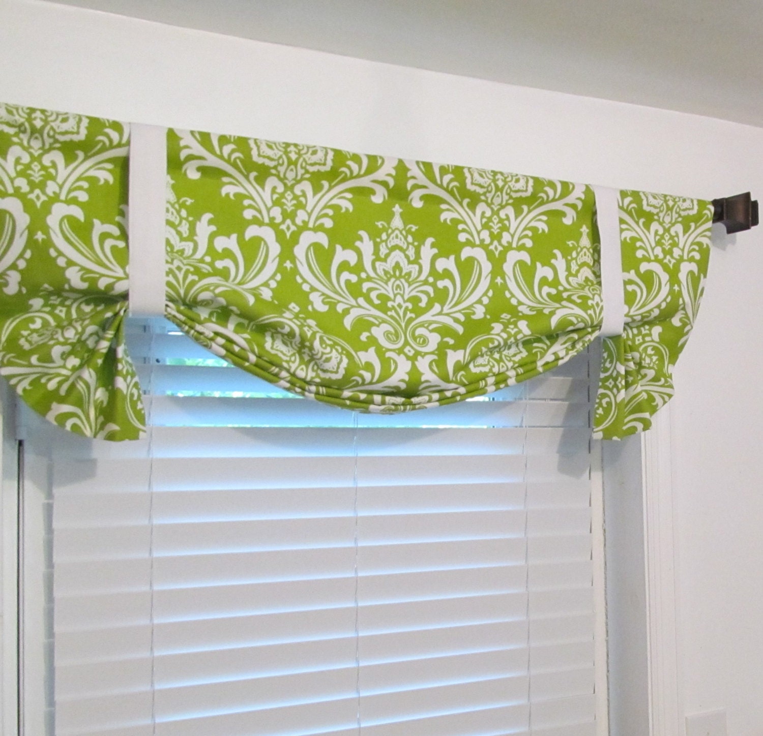 Chartreuse White Damask Tie Up Curtain VALANCE by supplierofdreams