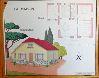 Shabby Chic Vintage French School double-sided poster of a plan of a House and a Roof