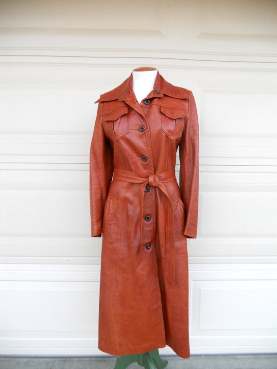 Vintage 70s Leather Trench Coat . Burnt Orange . Sunrise