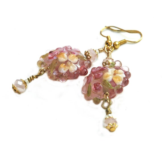 Beaded Drop Earrings Pink Lampwork Glass with Flower Pattern