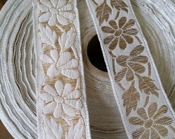 White and Metallic Gold Vintage French Brocade Jacquard Ribbon Trim with florals
