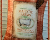 Primitive Pillow, Feedsack Pillow, Sheep's Wool, Accent Pillow 9" x 12" Spring Decor