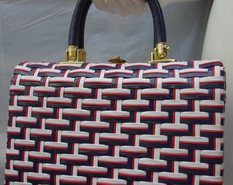 Vintage 50s MARCUS BROTHERS Red/Blue/White Woven Box Purse, Made in HongKong