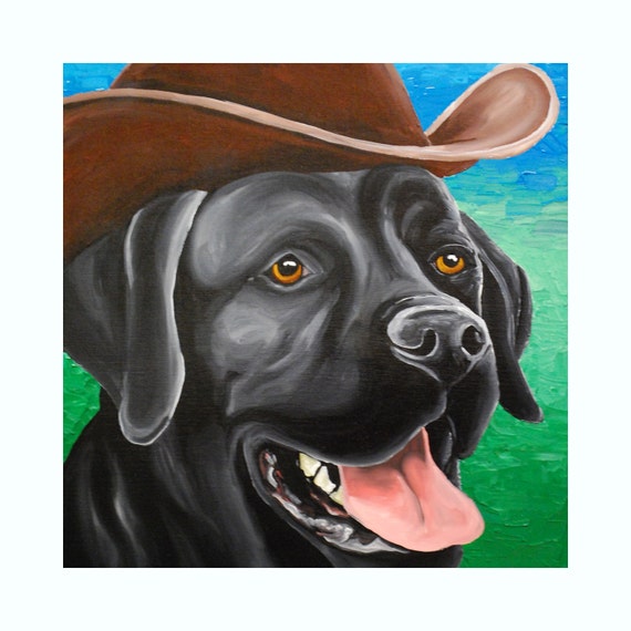 Black Lab Dog Tile Art 4.25x4.25 single Art tile Original Painting Print Labrador Cowboy Hat