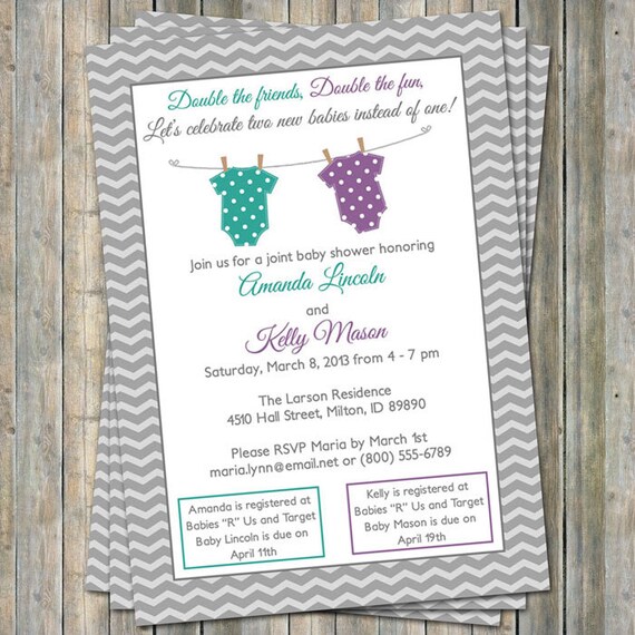 Joint Baby Shower Invitation, polka dot onesies, Purple and Teal/Green ...