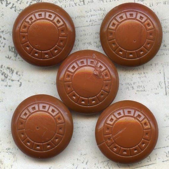 5 Vintage Sienna Brown Glass Sewing Buttons 7/8 inch 22mm
