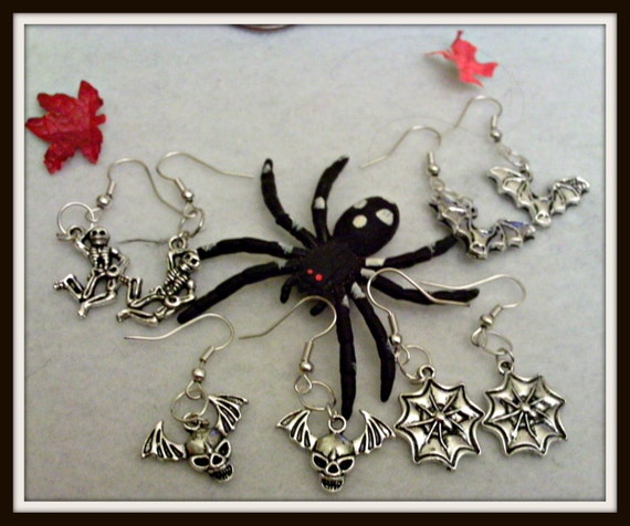 Goth Skull Bat And Spider Earings CLIP OR PIERCED