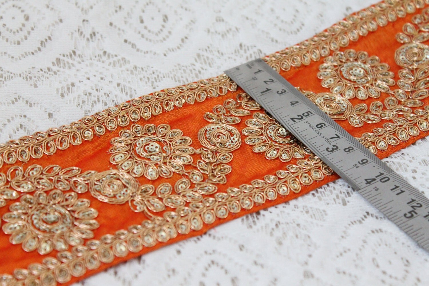 1 Yard Orange Fabric Trim-Wide Embroidered Fabric Trim-Orange