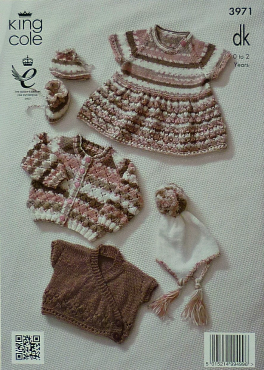 Baby Knitting Pattern K3971 Babies Short Sleeve Dress, Hat and Bootees Knitti...