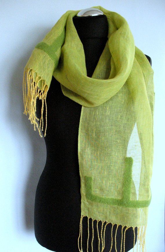 Linen Scarf Felted Wool Green Shawl Scarf