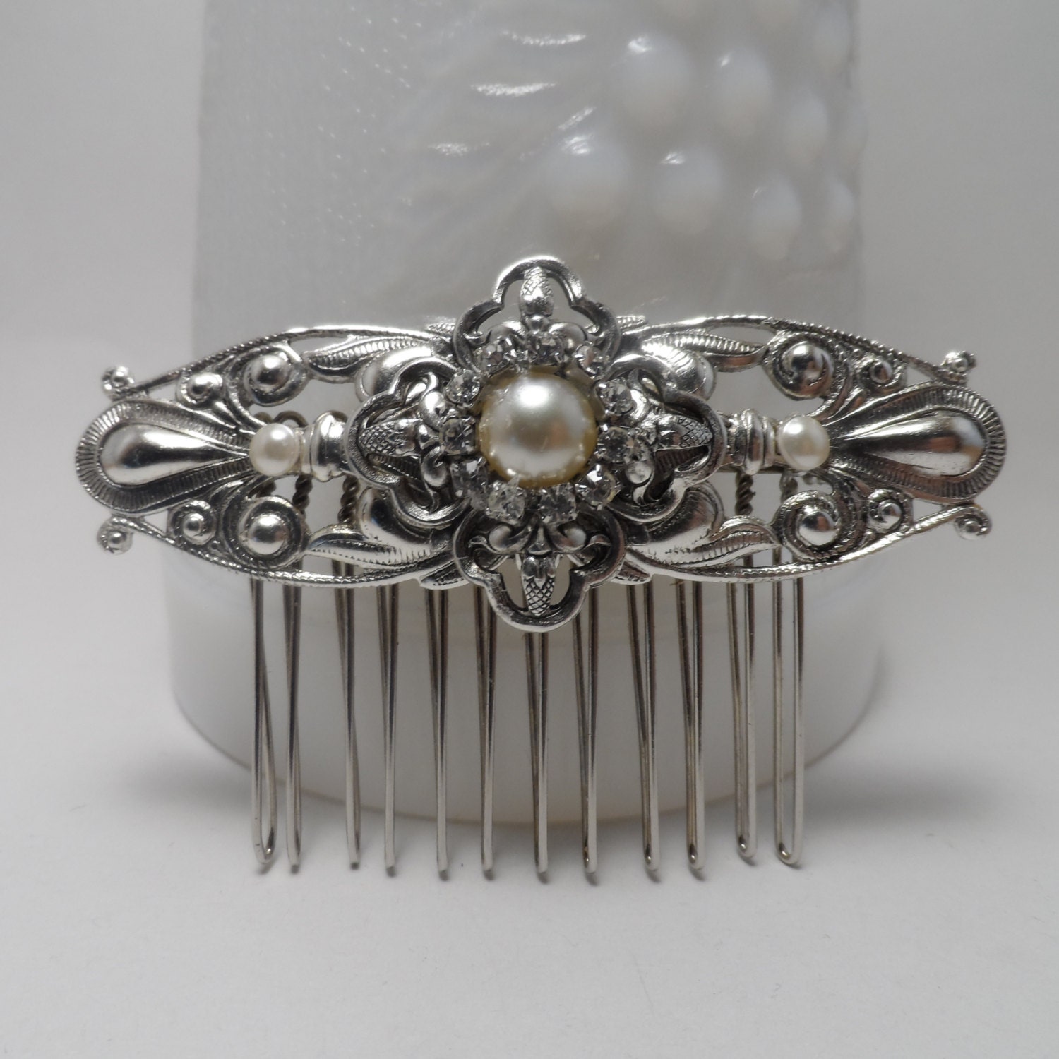 Art Deco Hair comb Art Nouveau inspired silver pearl comb