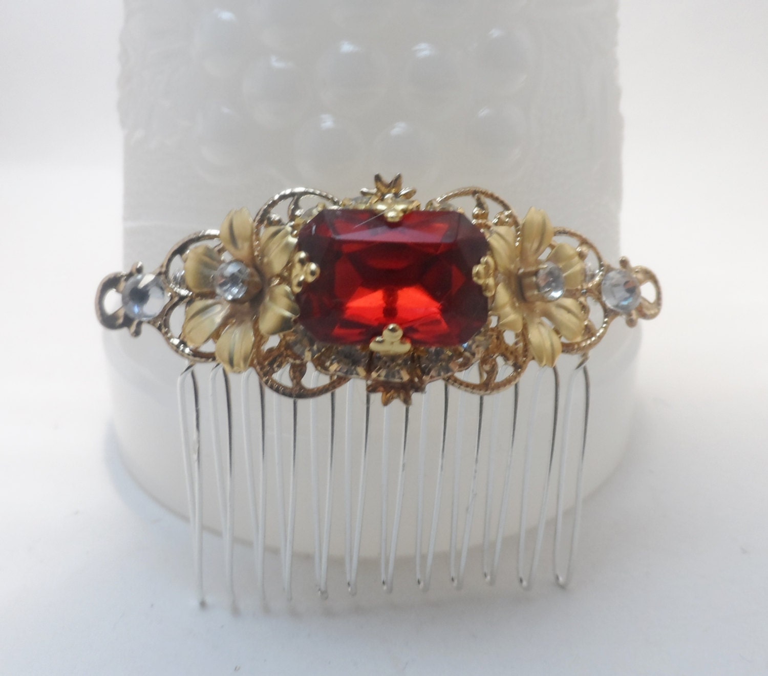 RUBY RED comb Gold hair comb wedding comb bridal accessories