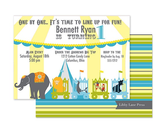 MODERN CIRCUS Birthday Invitation, Turquoise and Yellow, zoo animals, Carnival Il_570xn