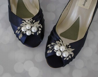 Wedding Shoes, Navy Wedding Shoes, Pearl Bridal Shoes, Bride on Budget Wedding Shoes, Blue Wedding Shoes, Low Heel Shoes, Navy Blue Satin