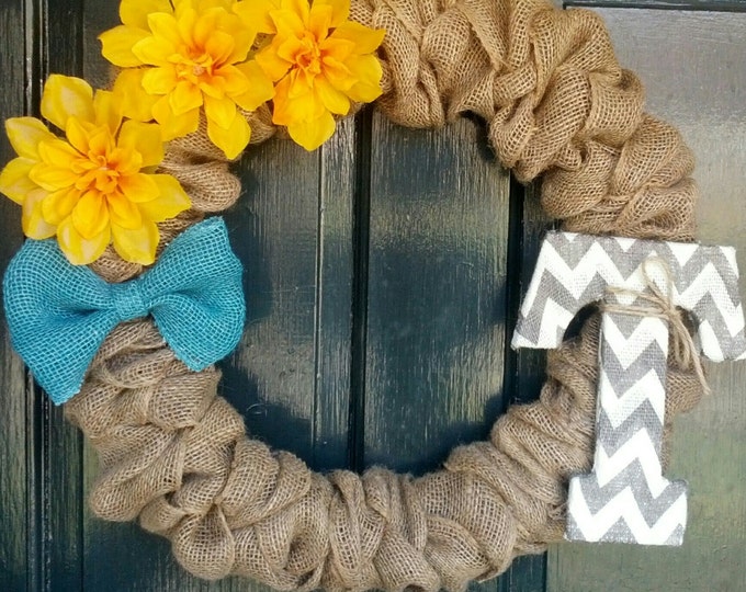 Burlap Wreath With Chevron Monogram-Front Door Wreath- Monogram Wreath-Wedding Decoration- Wedding Gift-