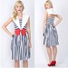 Vintage 80s Navy Blue + White Nautical Sailor Dress Bow Striped XS Small 0523