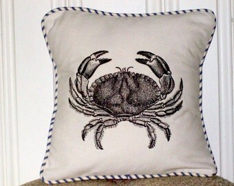 shabby chic, feed sack, french country, vintage crab graphic with french ticking welting 14" x 14" pillow sham.