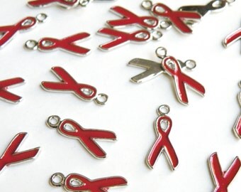 10 Red Awareness Ribbon enamel charms silver finish 20x9mm DB04881