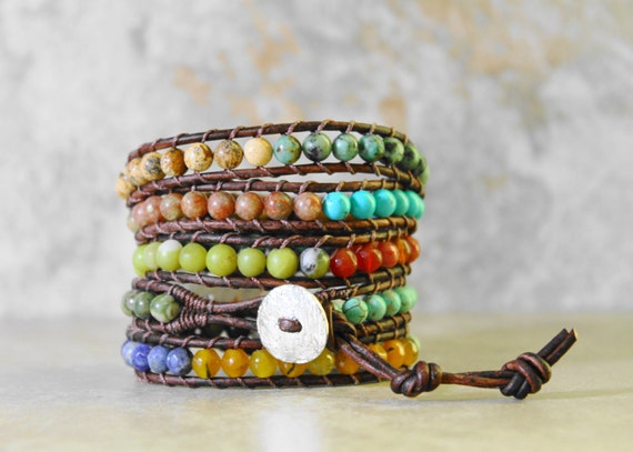 Mixed gemstone leather wrap bracelet - bohemian wrap bracelet - colorful stones on brown leather - 5 wrap bracelet