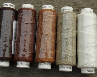 Five spools of linen thread - natural and browns colourway