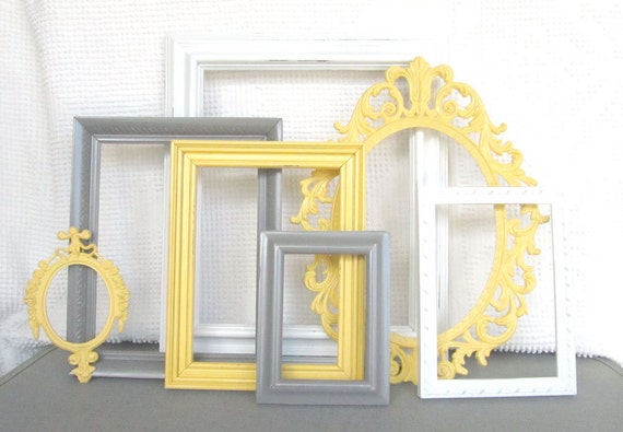 Yellow, Grey White  Ornate LARGE Vinatge Open Frames Set of 7- Upcycled Frames Modern  Bedroom Decor  Vintage Chunky Thick Frames