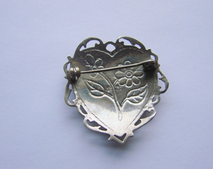 Vintage Siam Sterling Blue Enamel Niello Brooch / Heart Motif / Floral / Jewellery / Jewelry / Jewellery