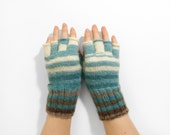 Hand Knitted Fingerless Gloves - Blue, Gray, White, Size Small