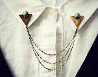 triangle collar pins with turquoise stones, collar chain, collar brooch, lapel pin, triangle pin, triangle brooch