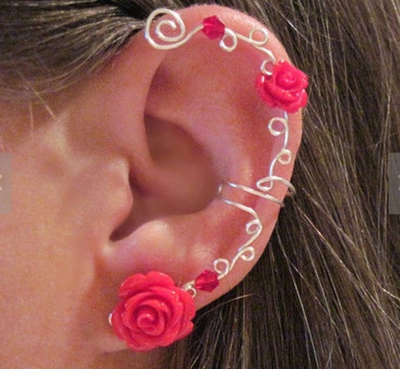 Non Pierced Ear Cuff "Roses are Dainty" Cartilage Conch Cuff Silver