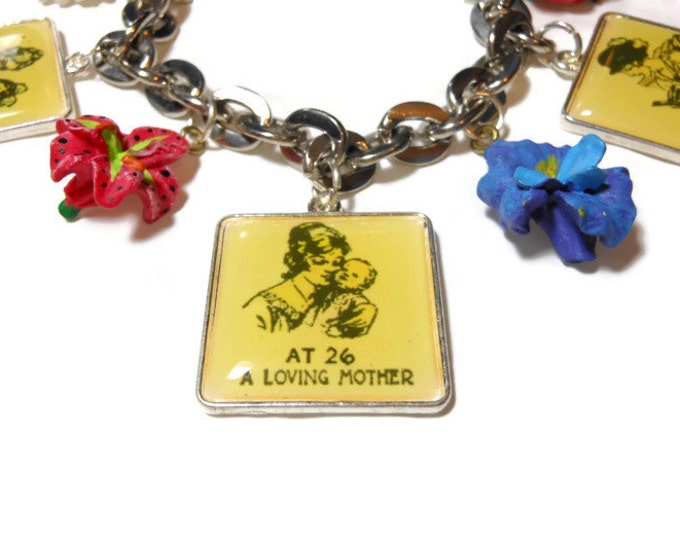 Mother Grandmother charm bracelet, stages of life upcycled Grandma silver charm bracelet with quaint vignettes and flowers.